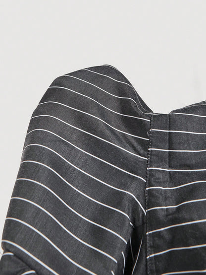 MOD Elegant Striped Patchwork Cinched Waist Split Hem Blouse, Autumn.Back To School.Campus