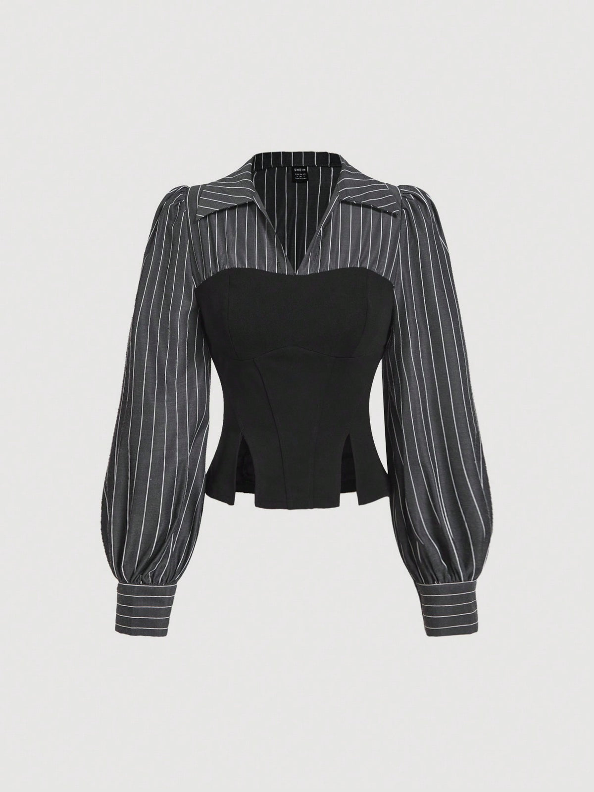 MOD Elegant Striped Patchwork Cinched Waist Split Hem Blouse, Autumn.Back To School.Campus
