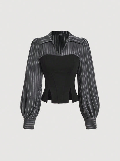 MOD Elegant Striped Patchwork Cinched Waist Split Hem Blouse, Autumn.Back To School.Campus
