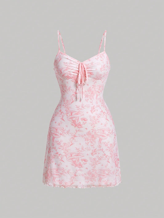 MOD Floral Print Drawstring Front Cami Net Pink Mini Dress