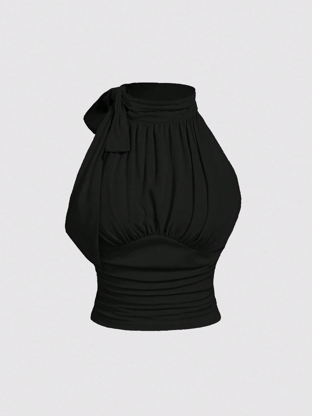 MOD Plus Size Stand Collar Bow Knot Drawstring Gathered Black Top
