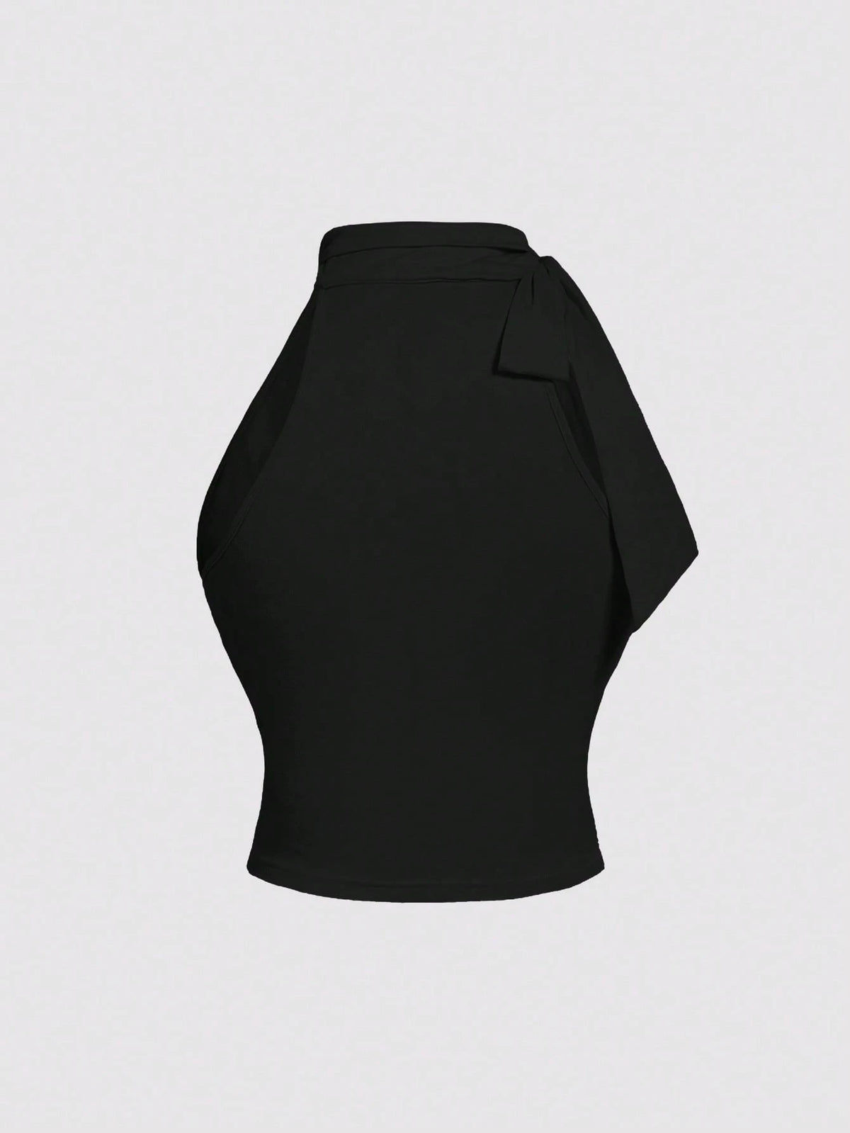 MOD Plus Size Stand Collar Bow Knot Drawstring Gathered Black Top