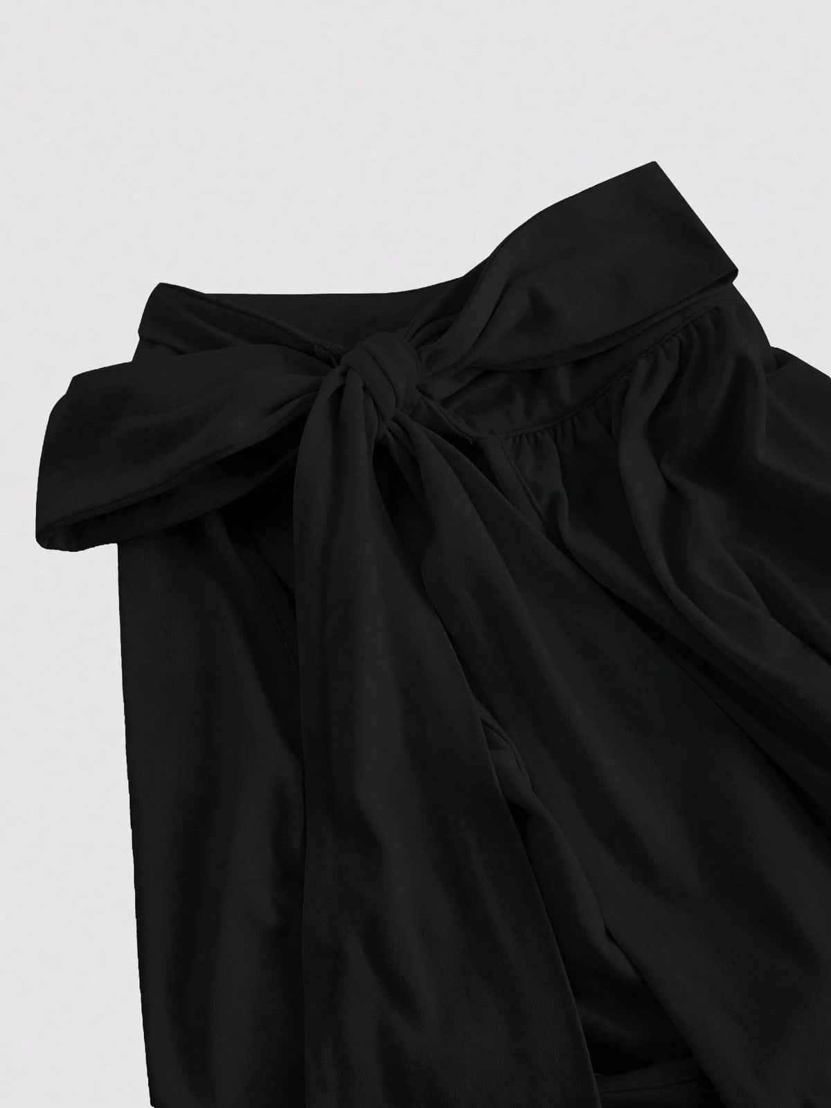 MOD Plus Size Stand Collar Bow Knot Drawstring Gathered Black Top
