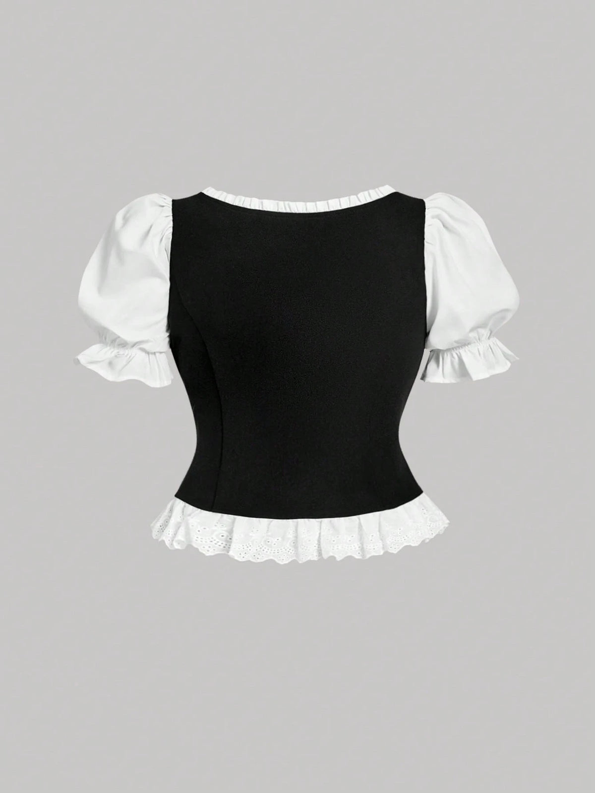 MOD Plus Size Women's Black And White Puff Sleeve Button Design Ruffle Hem Elegant Blouse,Tea Party,Carnival Costume,Autumn Spring/Summer,Casual Blouses