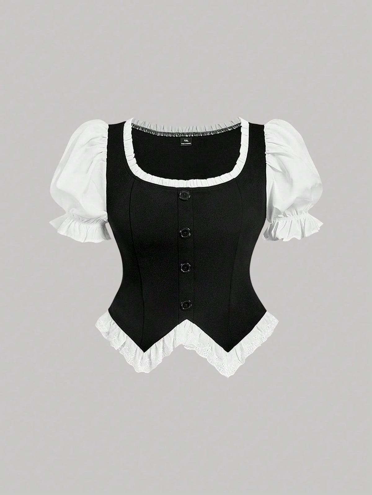 MOD Plus Size Women's Black And White Puff Sleeve Button Design Ruffle Hem Elegant Blouse,Tea Party,Carnival Costume,Autumn Spring/Summer,Casual Blouses