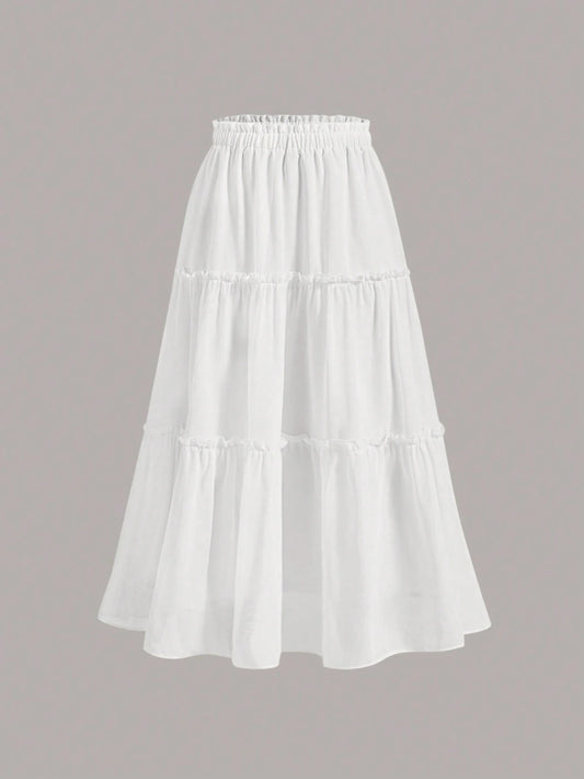 MOD Ruffle Skirt Boho Long Skirt Break Solid Frill Trim Ruffle Hem Skirt