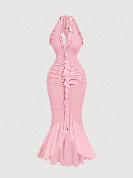 MOD Ruffle Trim Cinched Waist Bow Tie Mesh Overlay Dress,Summer Dresses For Women,Dresses For Women Summer