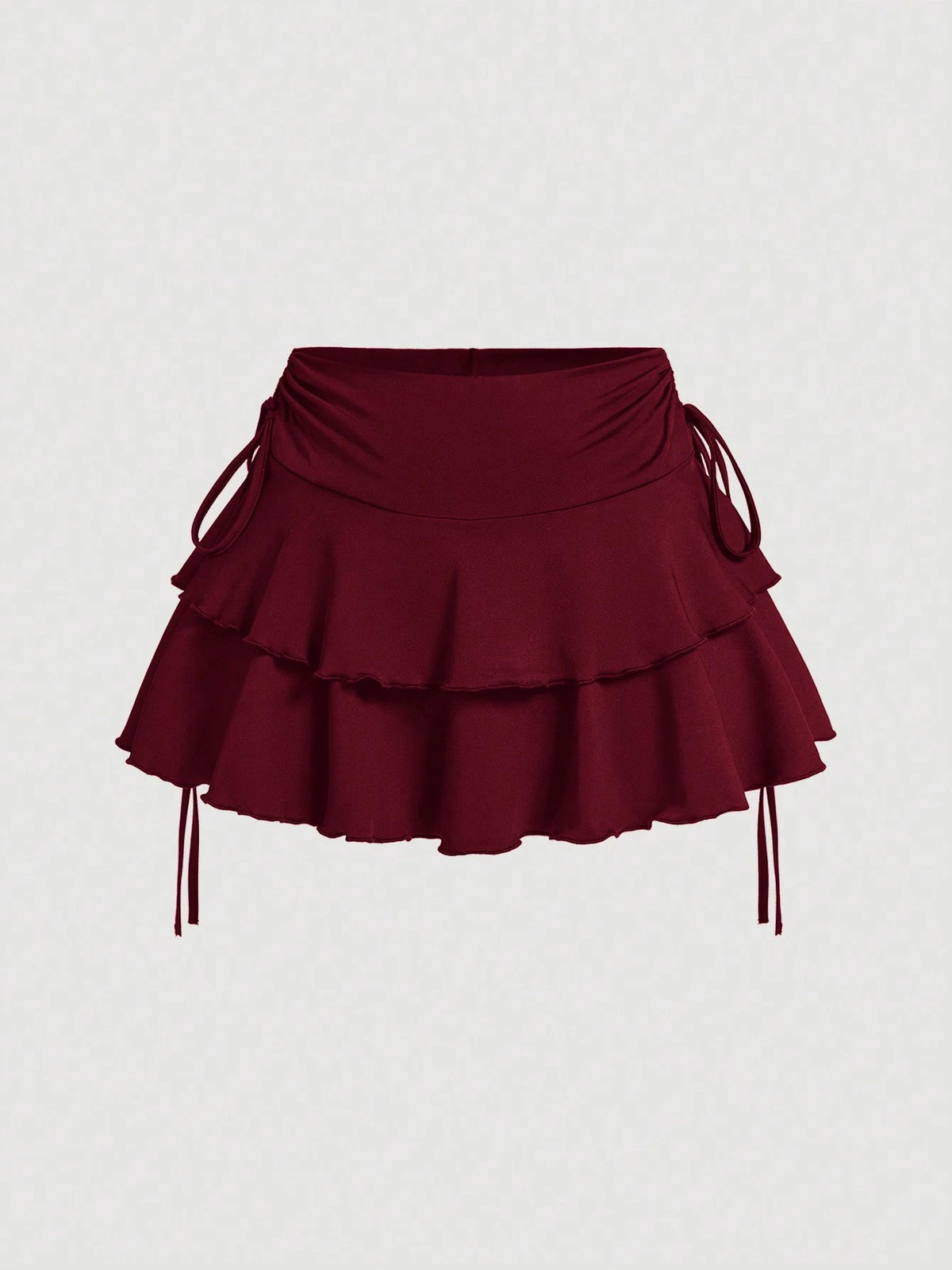 MOD Solid Color Drawstring Waist Tiered Casual Sexy Skirt Vacation Burgundy Red Autumn