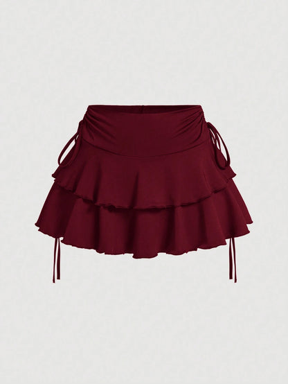 MOD Solid Color Drawstring Waist Tiered Casual Sexy Skirt Vacation Burgundy Red Autumn