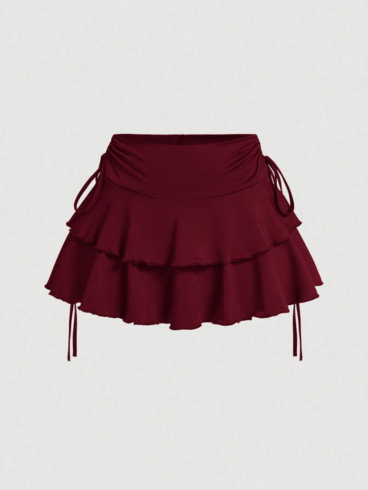 MOD Solid Color Drawstring Waist Tiered Casual Sexy Skirt Vacation Burgundy Red Autumn