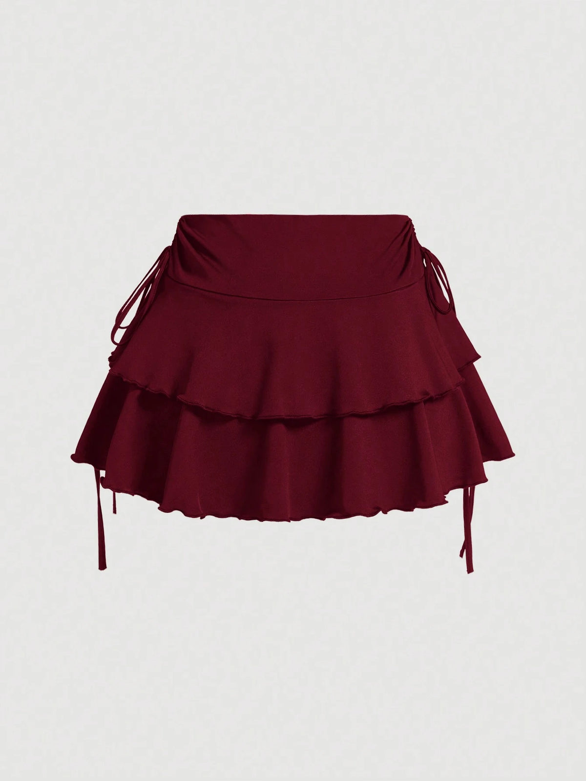 MOD Solid Color Drawstring Waist Tiered Casual Sexy Skirt Vacation Burgundy Red Autumn