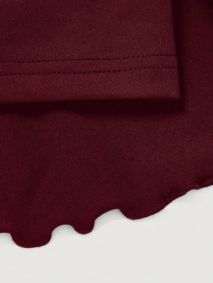 MOD Solid Color Drawstring Waist Tiered Casual Sexy Skirt Vacation Burgundy Red Autumn