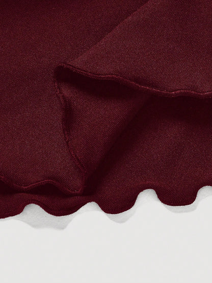 MOD Solid Color Drawstring Waist Tiered Casual Sexy Skirt Vacation Burgundy Red Autumn