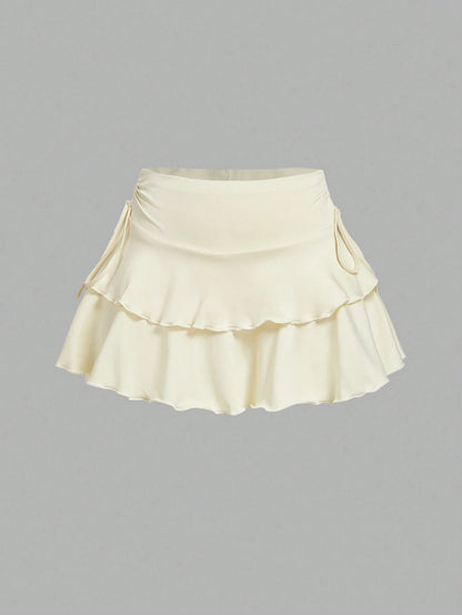 MOD Solid Color Drawstring Waist Tiered Casual Sexy Skirt Vacation Burgundy Red Autumn