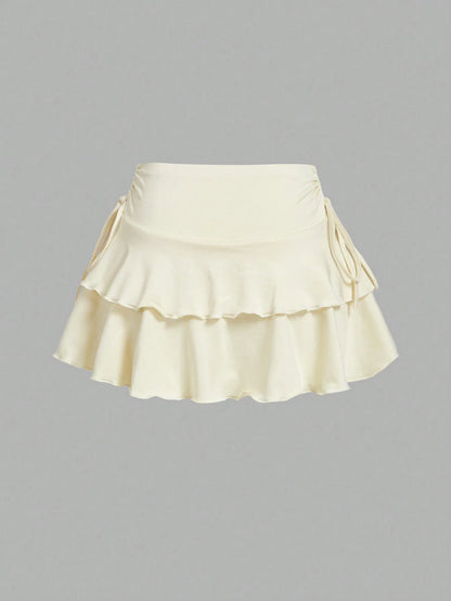MOD Solid Color Drawstring Waist Tiered Casual Sexy Skirt Vacation Burgundy Red Autumn
