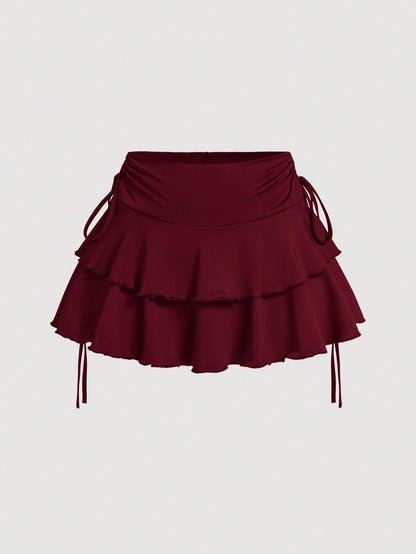 MOD Solid Color Drawstring Waist Tiered Casual Sexy Skirt Vacation Burgundy Red Autumn
