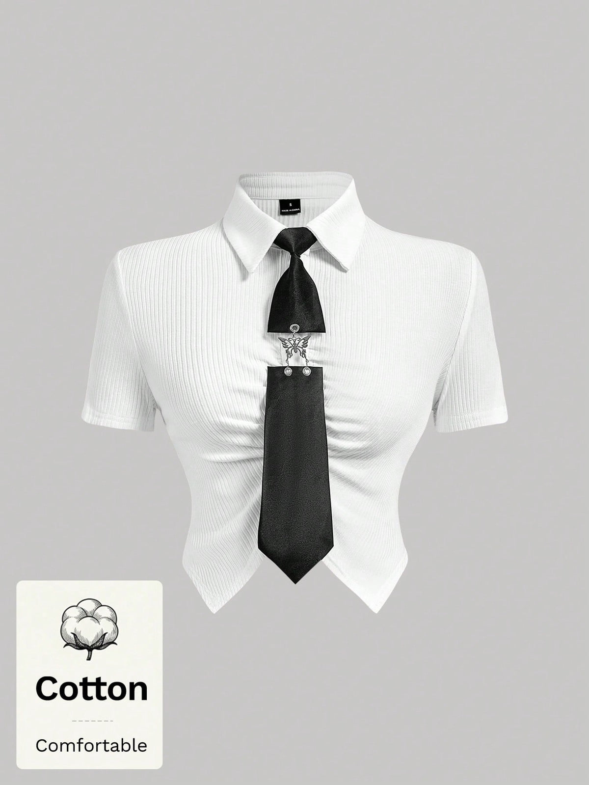 MOD Woman Cotton Ribbed Solid Collared Short Sleeve Crop White Preppy Streetwear Y2k Basic Casual Top Daily Wear Back To School Spring Summer Golf