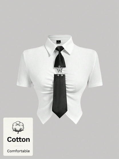 MOD Woman Cotton Ribbed Solid Collared Short Sleeve Crop White Preppy Streetwear Y2k Basic Casual Top Daily Wear Back To School Spring Summer Golf