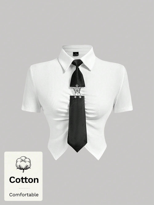 MOD Woman Cotton Ribbed Solid Collared Short Sleeve Crop White Preppy Streetwear Y2k Basic Casual Top Daily Wear Back To School Spring Summer Golf