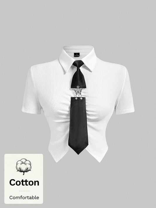 MOD Woman Cotton Ribbed Solid Collared Short Sleeve Crop White Preppy Streetwear Y2k Basic Casual Top Daily Wear Back To School Spring Summer Golf