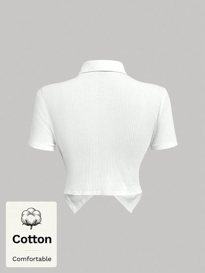 MOD Woman Cotton Ribbed Solid Collared Short Sleeve Crop White Preppy Streetwear Y2k Basic Casual Top Daily Wear Back To School Spring Summer Golf