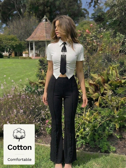 MOD Woman Cotton Ribbed Solid Collared Short Sleeve Crop White Preppy Streetwear Y2k Basic Casual Top Daily Wear Back To School Spring Summer Golf