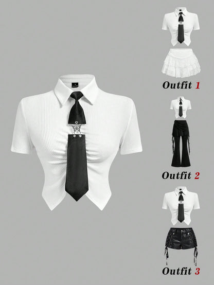 MOD Woman Cotton Ribbed Solid Collared Short Sleeve Crop White Preppy Streetwear Y2k Basic Casual Top Daily Wear Back To School Spring Summer Golf