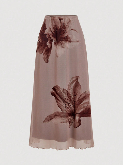 MOD Women's Brown Printed Knit Skirt,Semi-Sheer Mesh Fabric With Scalloped Ruffle Trim