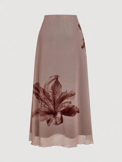 MOD Women's Brown Printed Knit Skirt,Semi-Sheer Mesh Fabric With Scalloped Ruffle Trim