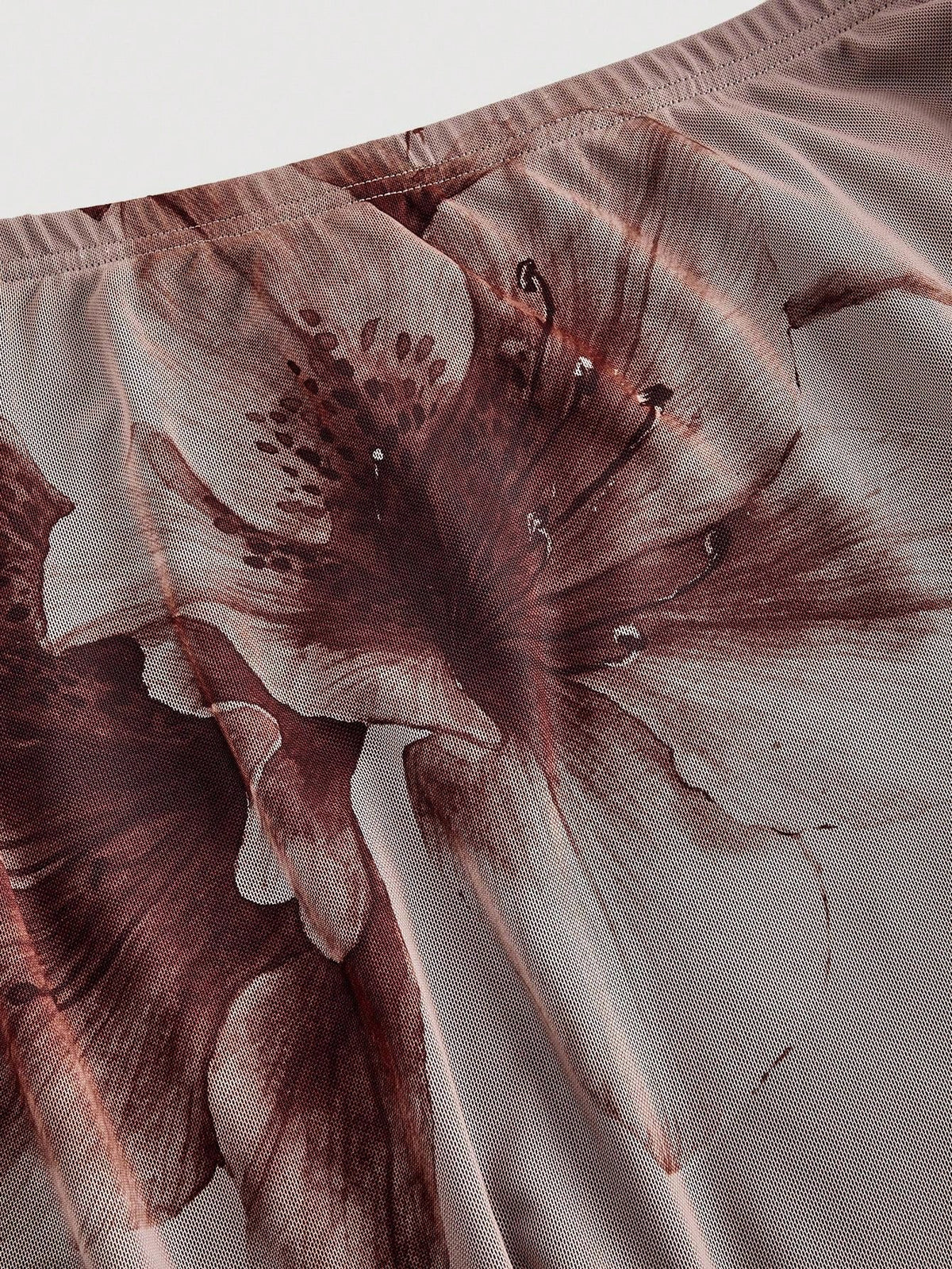 MOD Women's Brown Printed Knit Skirt,Semi-Sheer Mesh Fabric With Scalloped Ruffle Trim