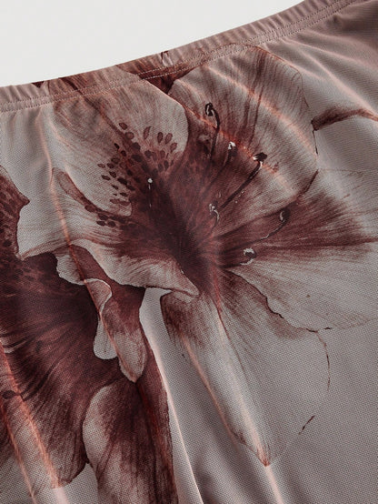 MOD Women's Brown Printed Knit Skirt,Semi-Sheer Mesh Fabric With Scalloped Ruffle Trim