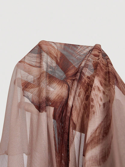 MOD Women's Brown Printed Knit Skirt,Semi-Sheer Mesh Fabric With Scalloped Ruffle Trim