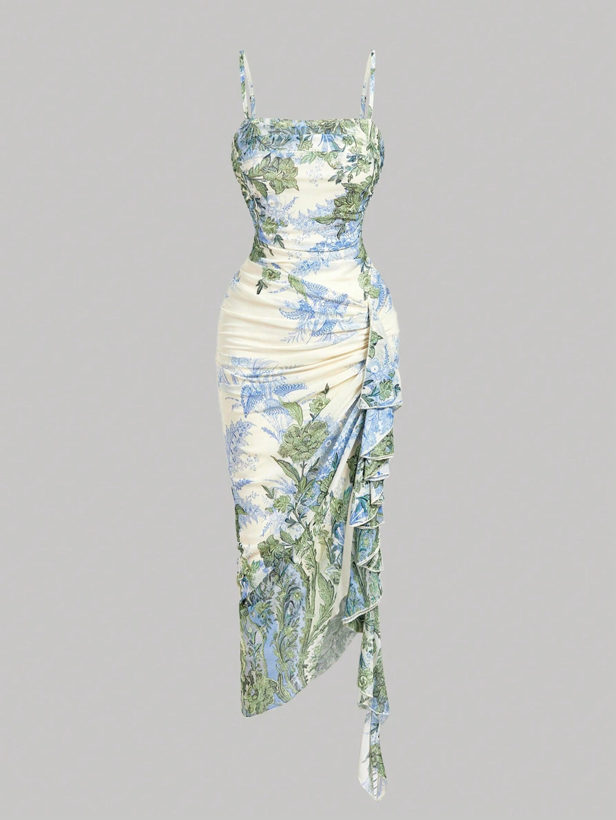 MOD Women's Floral Print Ruched Elegant Waist-Cinching Party Dress With Spaghetti Straps,Summer, Ruffle Trim And Slim Fit For Women,Resort Dresses