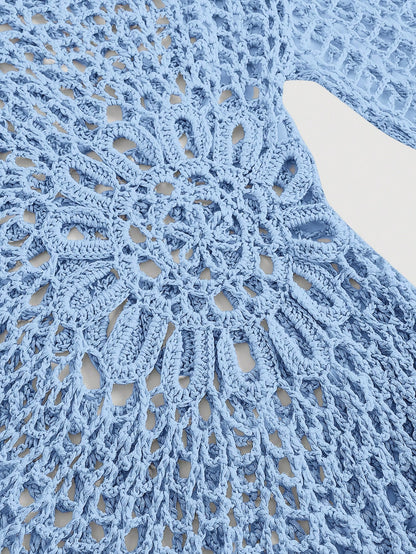 MOD Women's Solid Color Crochet Sheer Asymmetric-Neck Beach Vacation Cover-Up Top Aqua Blue Summer Boho Tropical
