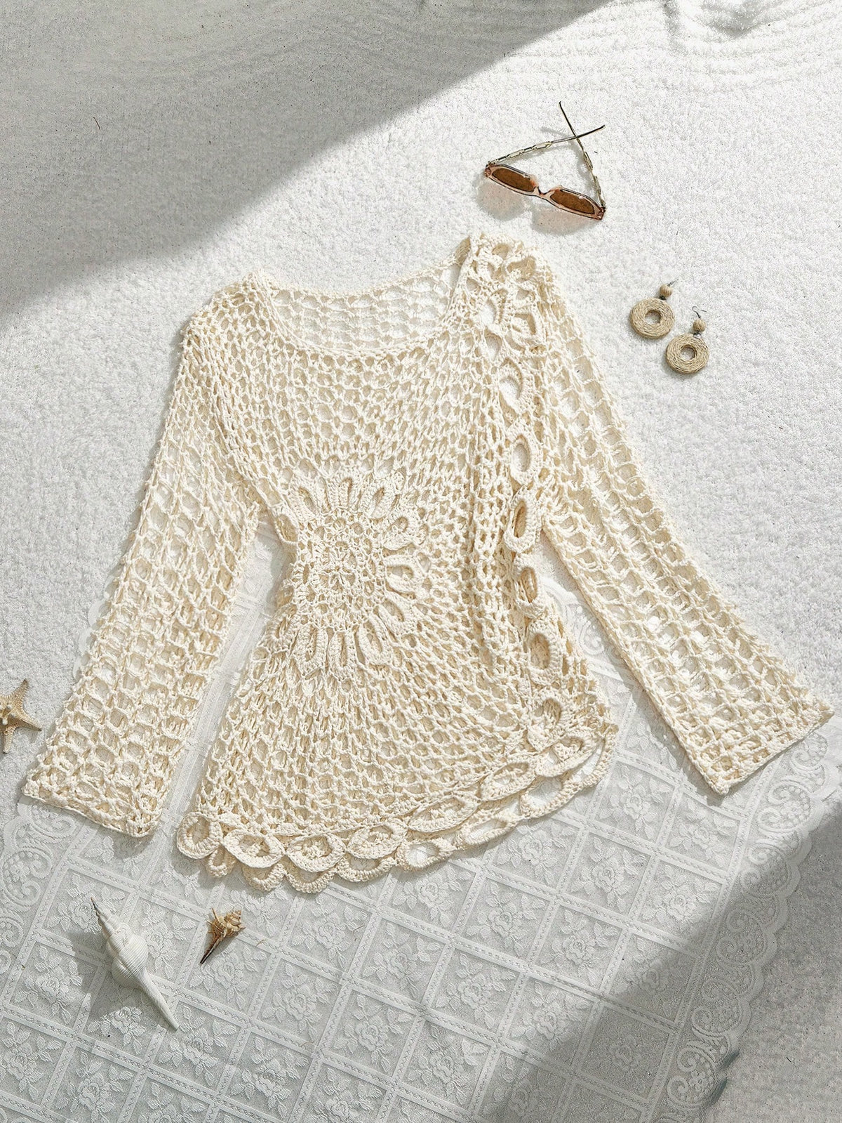 MOD Women's Solid Color Crochet Sheer Asymmetric-Neck Beach Vacation Cover-Up Top Aqua Blue Summer Boho Tropical