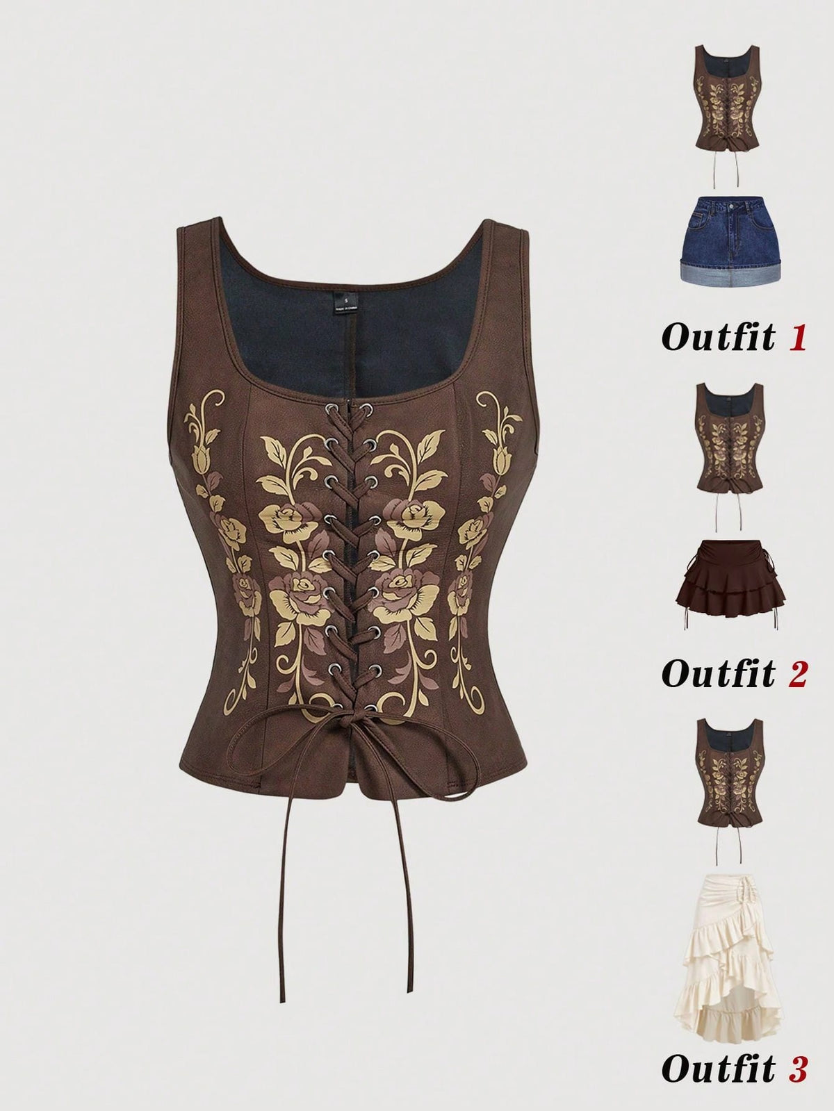 MOD Women's Vintage Coffee Brown Eyelet Lace-Up Camisole Top,Autumn Faux Leather Corset Tank Top For Date,Wedding,Festival,Party,Renaissance,Slim Fit