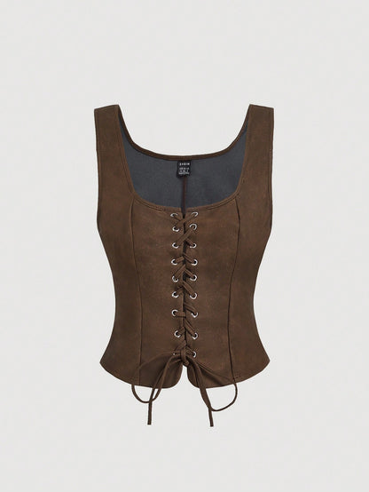 MOD Women's Vintage Coffee Brown Eyelet Lace-Up Camisole Top,Autumn Faux Leather Corset Tank Top For Date,Wedding,Festival,Party,Renaissance,Slim Fit