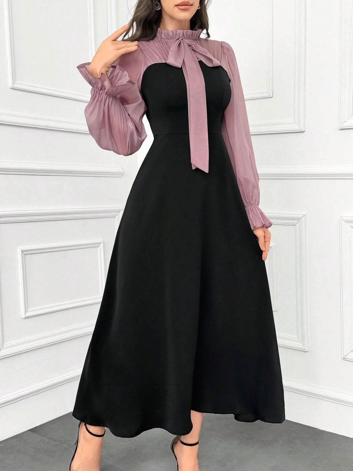 Modelyn Women's Elegant Ruffle Trim Color Block Tie Waist Dress With Flouncy Cuffs Long Evening Dresses