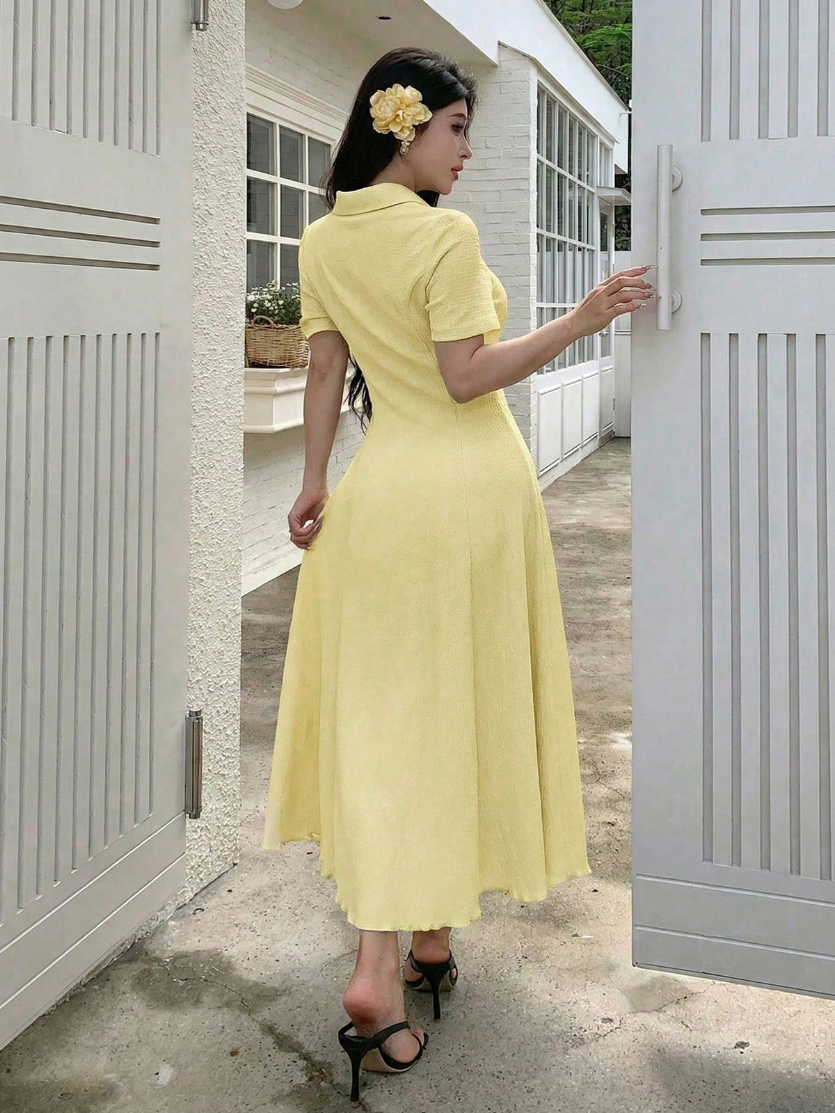 Modelyn Women's Pale Yellow Summer Elegant Tea Party Dress,Polo Collar Button-Front Textured A-Line Midi Dress,Short Sleeve Two-Way Stretch Spandex Knit Gown