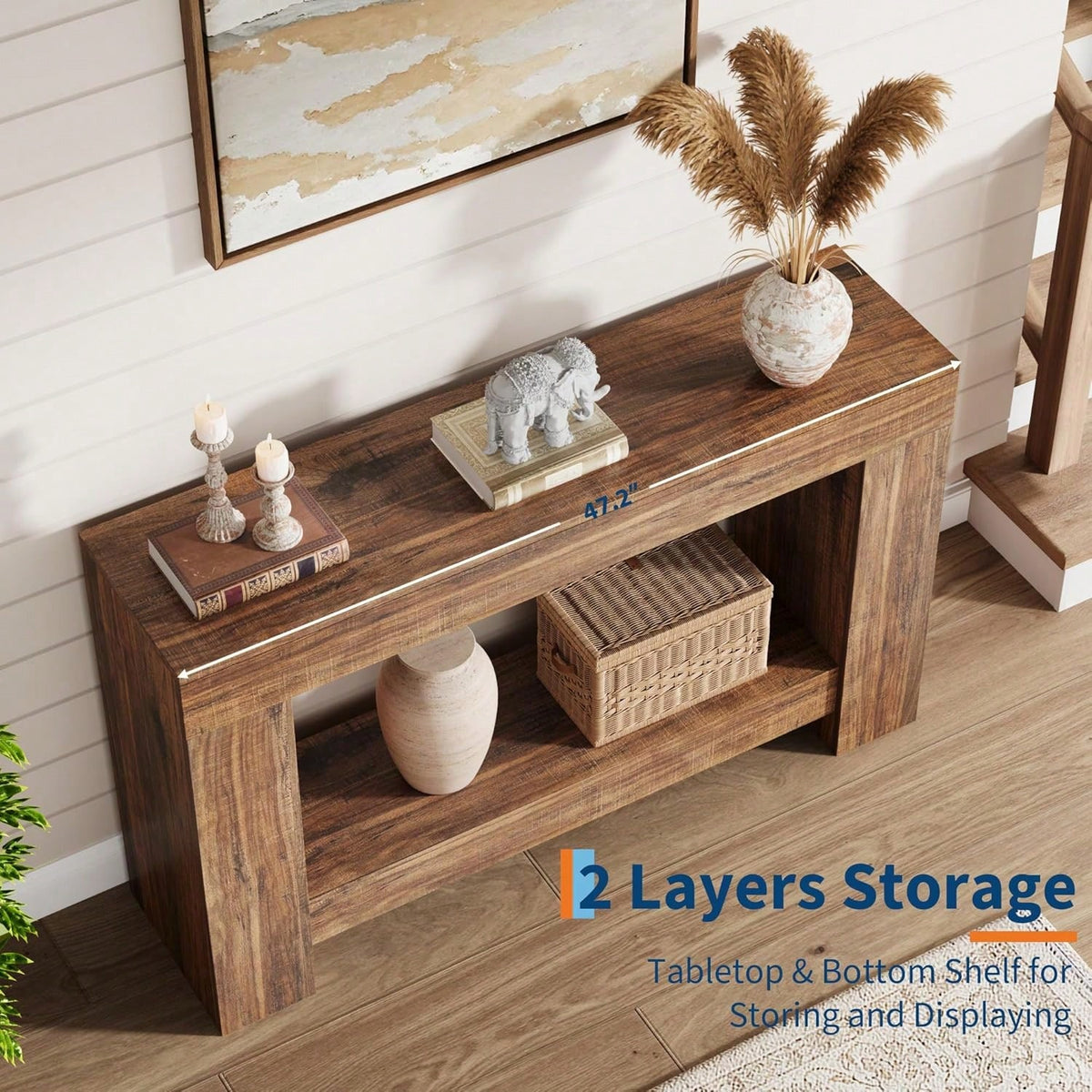 mteryoing 47.24 Inches Long Console Table For Entryway, 2-Tier Large Sofa Table With Storage, Wood Farmhouse Console Table For Living Room, Wooden Entrance Entry Table For Entryway