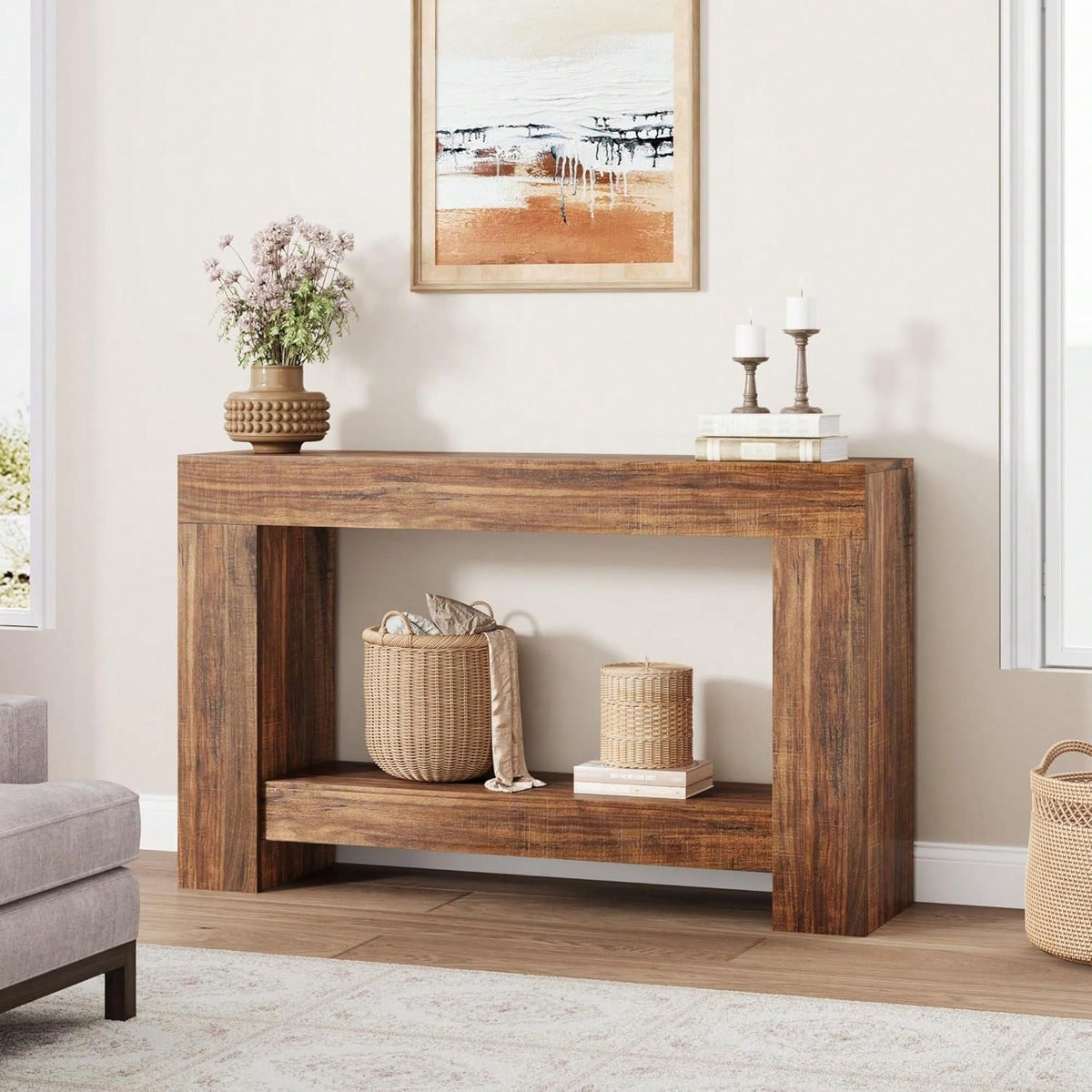 mteryoing 47.24 Inches Long Console Table For Entryway, 2-Tier Large Sofa Table With Storage, Wood Farmhouse Console Table For Living Room, Wooden Entrance Entry Table For Entryway