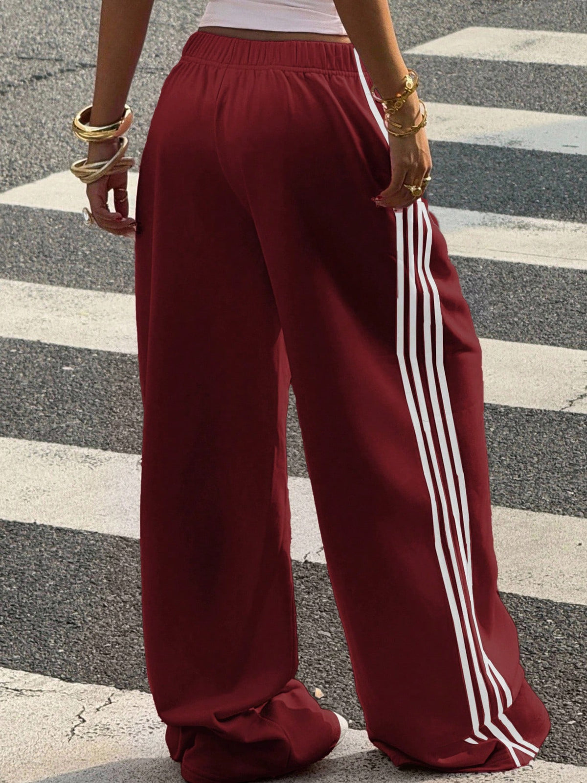 Muchica Wine Red Cotton Knit Wide Leg Casual Sweatpants For Women