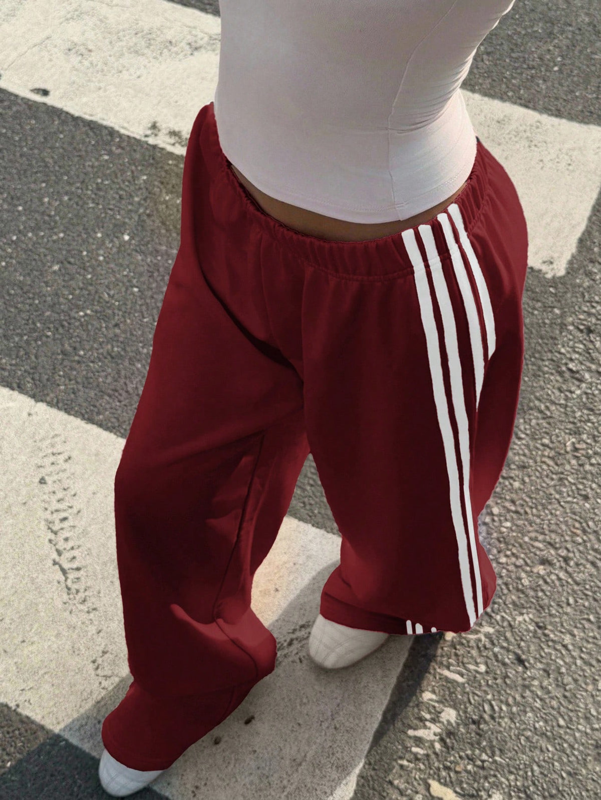 Muchica Wine Red Cotton Knit Wide Leg Casual Sweatpants For Women