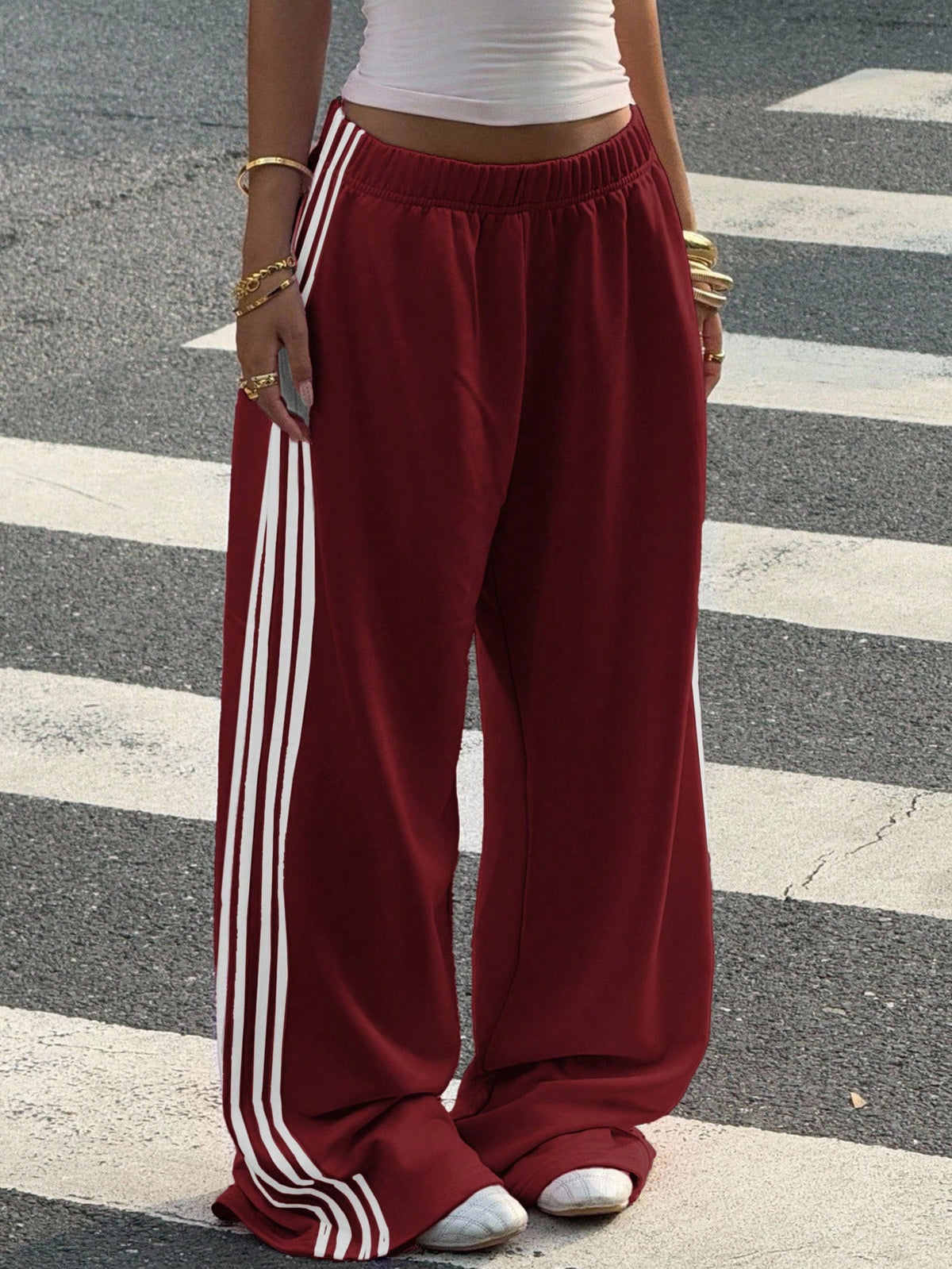 Muchica Wine Red Cotton Knit Wide Leg Casual Sweatpants For Women