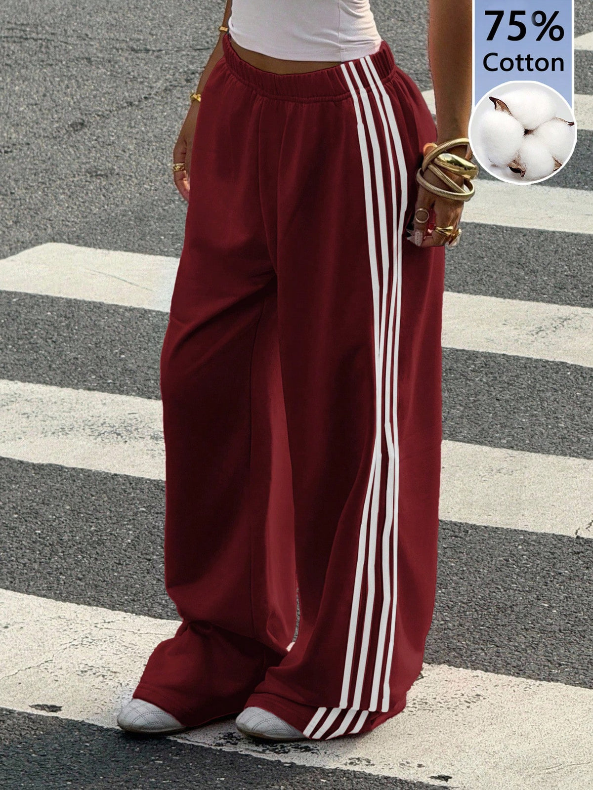 Muchica Wine Red Cotton Knit Wide Leg Casual Sweatpants For Women