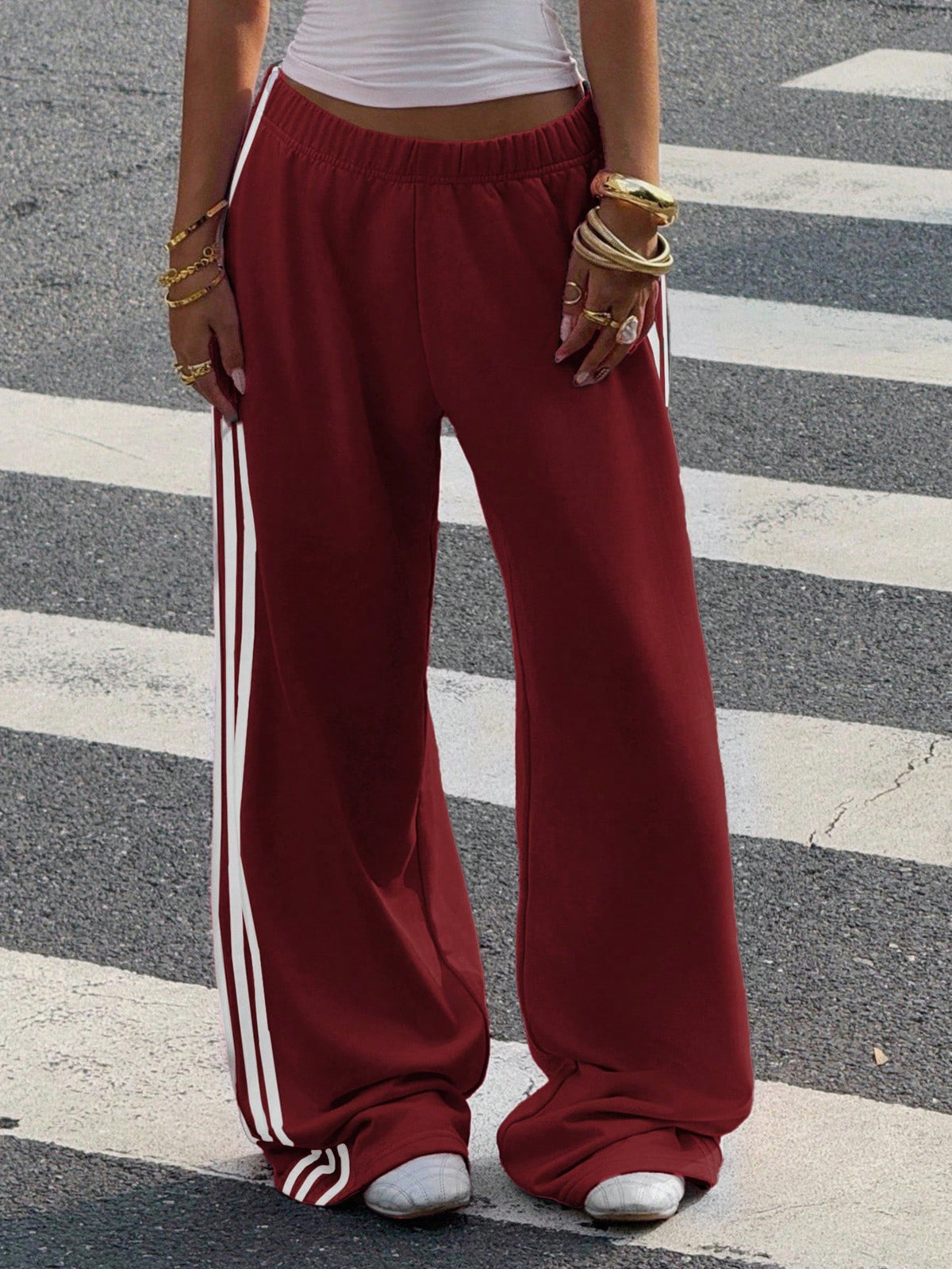 Muchica Wine Red Cotton Knit Wide Leg Casual Sweatpants For Women