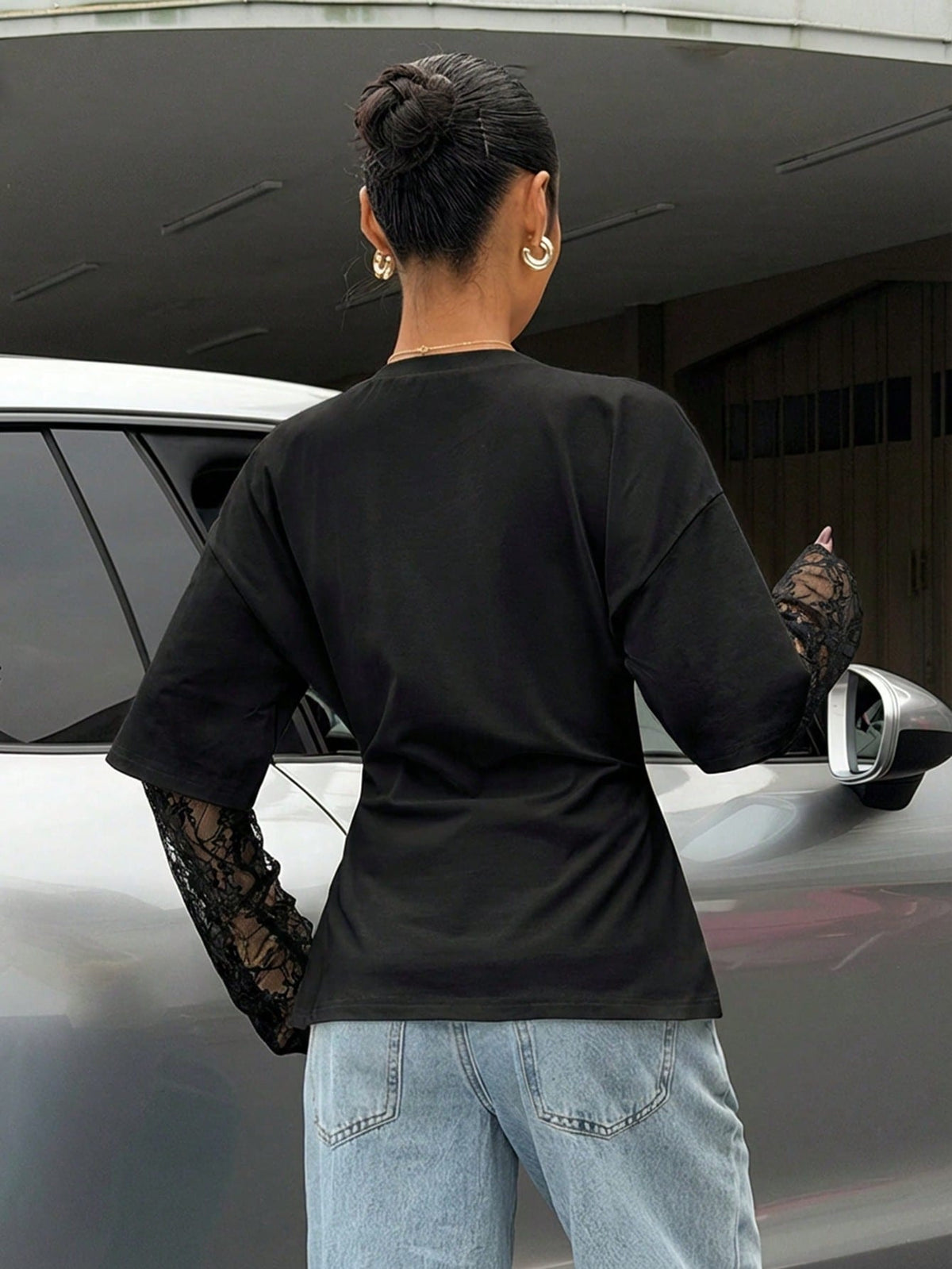 Muchica Women's Black Knit Lace Two-In-One T-Shirt With Waist Design, Suitable For Outings, Streetwear, Y2K Style, Black Lace Sleeve Top