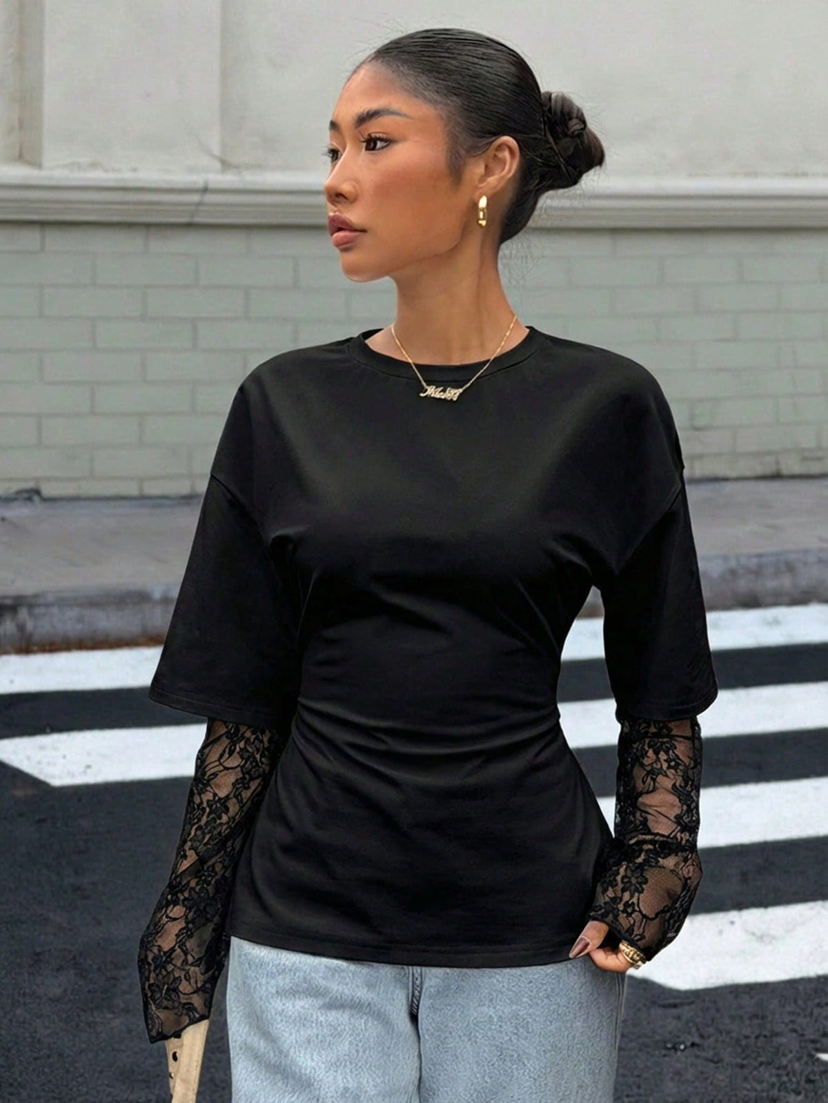 Muchica Women's Black Knit Lace Two-In-One T-Shirt With Waist Design, Suitable For Outings, Streetwear, Y2K Style, Black Lace Sleeve Top