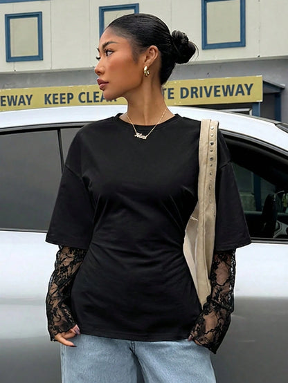 Muchica Women's Black Knit Lace Two-In-One T-Shirt With Waist Design, Suitable For Outings, Streetwear, Y2K Style, Black Lace Sleeve Top