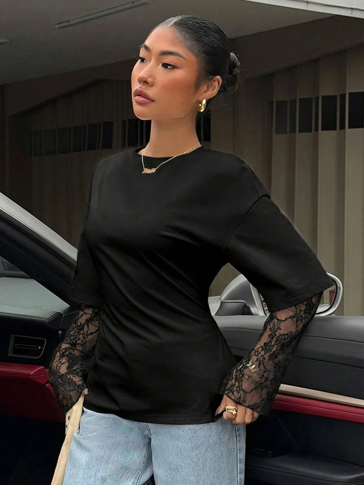 Muchica Women's Black Knit Lace Two-In-One T-Shirt With Waist Design, Suitable For Outings, Streetwear, Y2K Style, Black Lace Sleeve Top